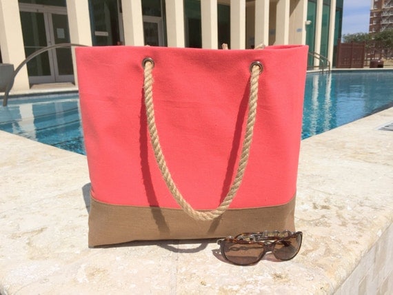 Coral and tan linen large beach bag resort tote with fun rope handles ...