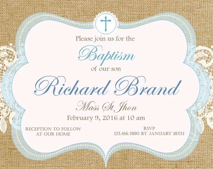 Baptism invitation. Burlap invite. Burlap and lace invitation. Printable Baptismal invitation. Christening. Shabby Chic Baptism invitation