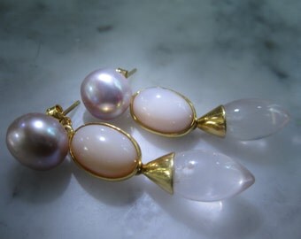 TOM K Earrings Mix &Match Studs Pearl Hooks Rose Moonstone Thaiti quartz Agate Smoky Ballroom Bride Briolett Drops Beads Gold Citrin