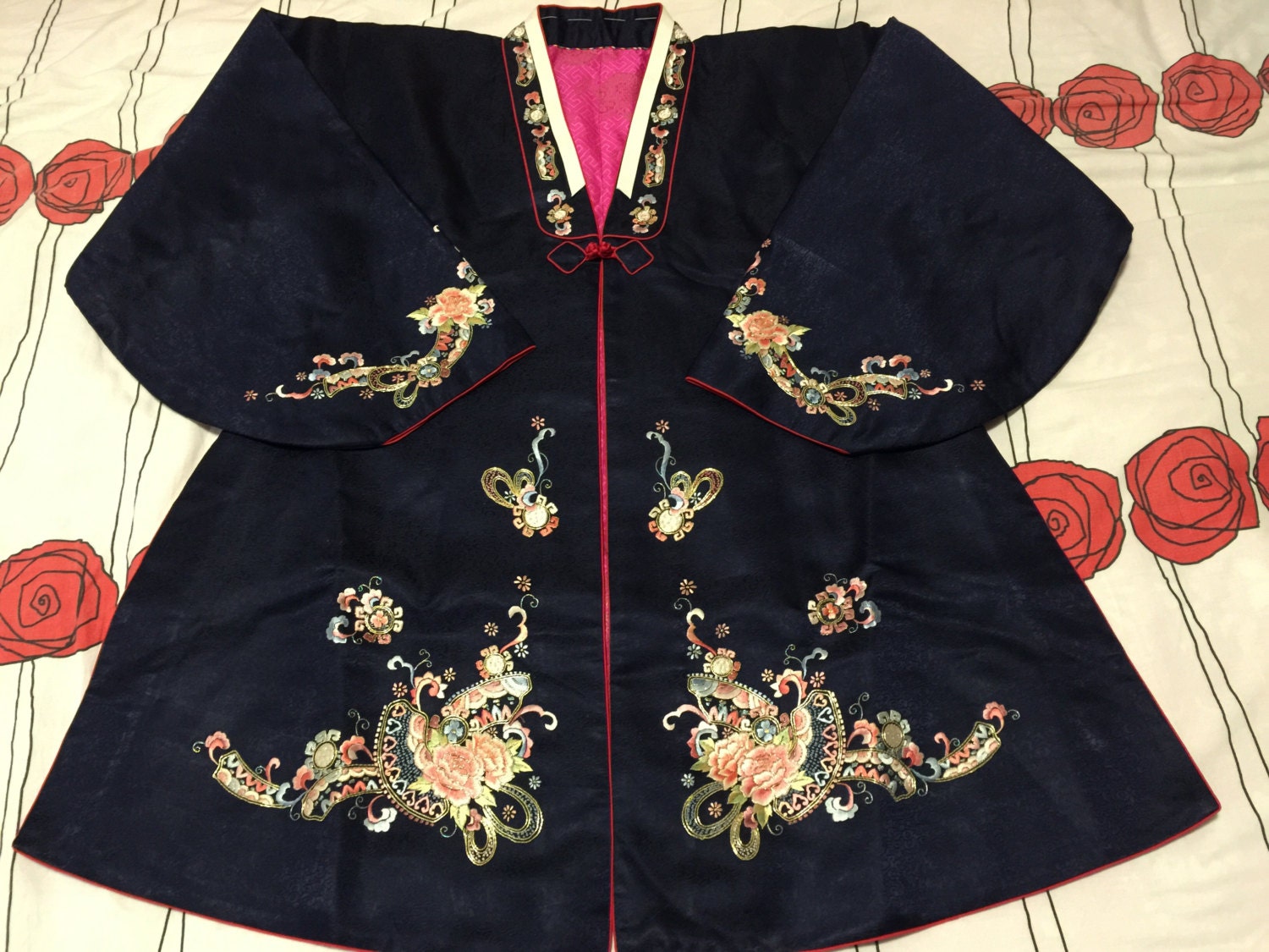 Vintage Large Korean Women Hanbok deep blue hand embroidered silk robe ...