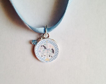 Blue Carousel Horse Ribbon Charm Necklace-Child, Carousel Horse Charm Necklace, Carousel Horse Necklace, Horse Necklace