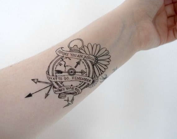 Compass Temporary Tattoo - Arrow, Flower, Floral, Black, Quote, Birds 