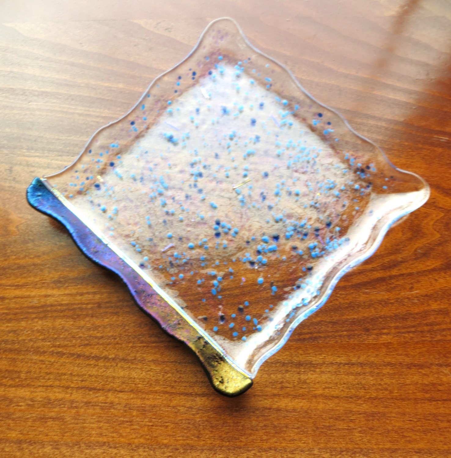 Fused Glass Fluted Tray in Carnival Clear with Iridescent and