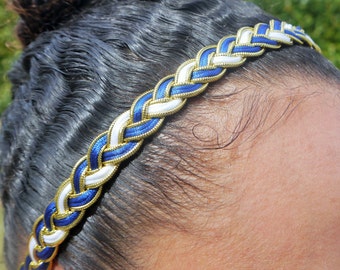 Headband_ Milena_tréssé en cordon satin Bleu Royal et Blanc