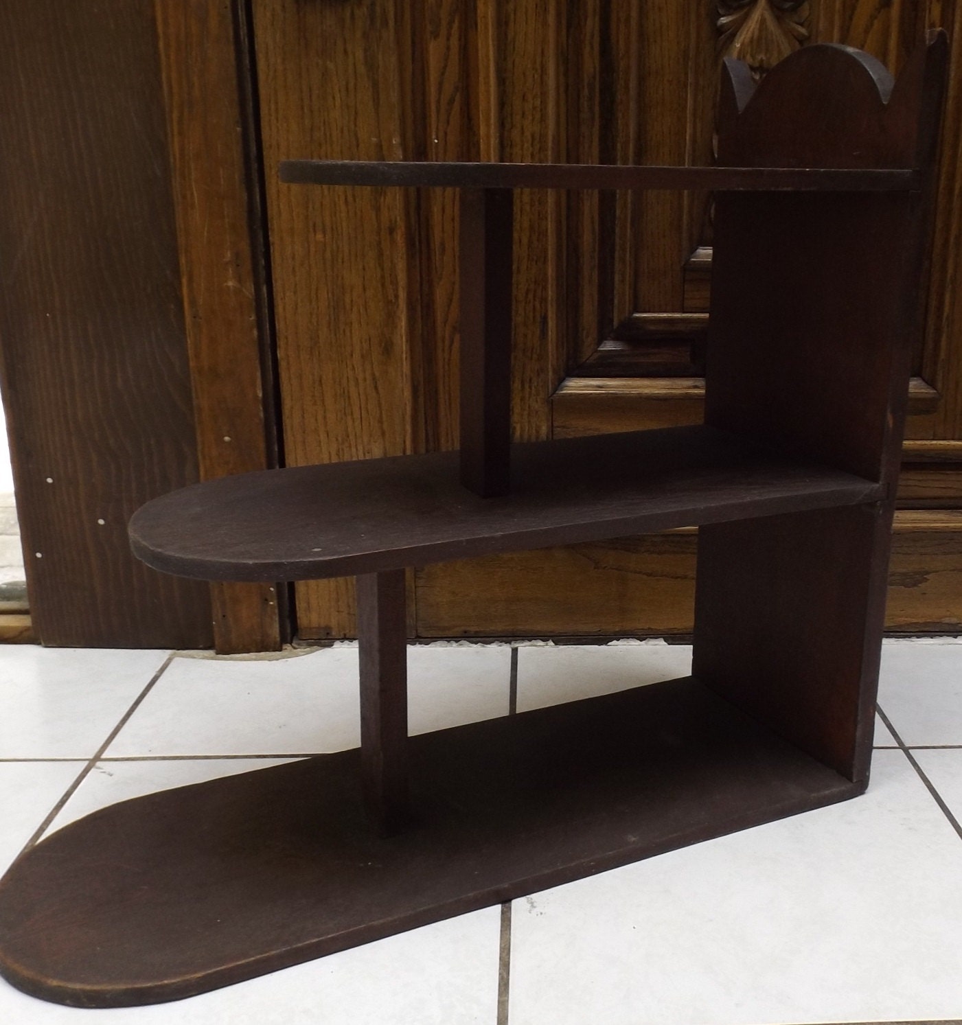 Art Deco inspired three tier floor shelf folk art wood shelf Haute Juice