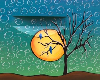 Blue Birds in the Moon Beehive Box for Honeybees, Custom Painted Beekeeping Equipment