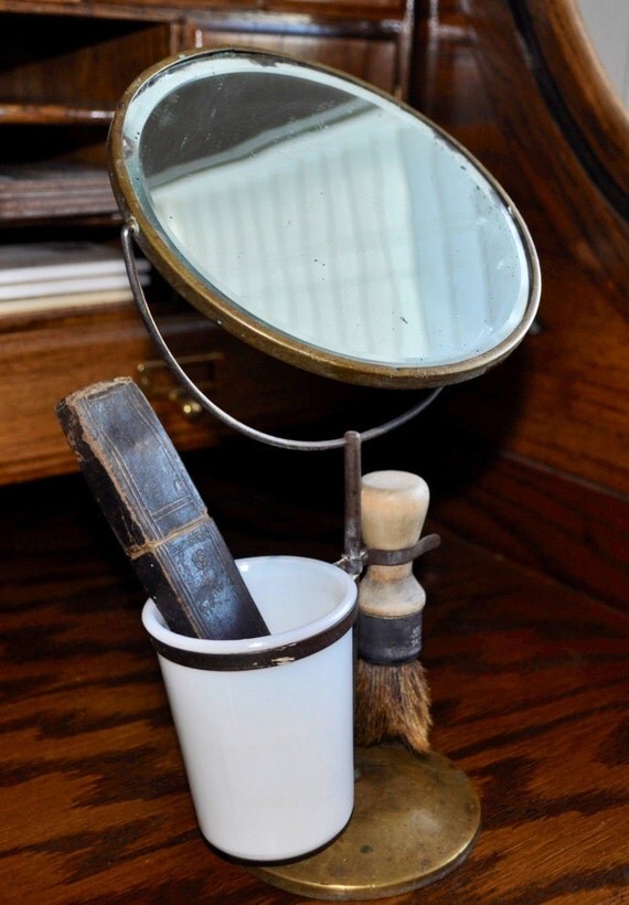 Antique shaving set bevelled mirror by RJvintagencounters on Etsy