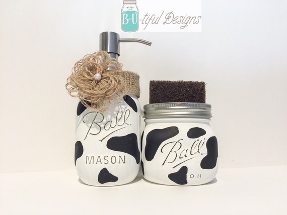 Cow Print Kitchen Decor Soap Dispenser Mason Jar and Sponge