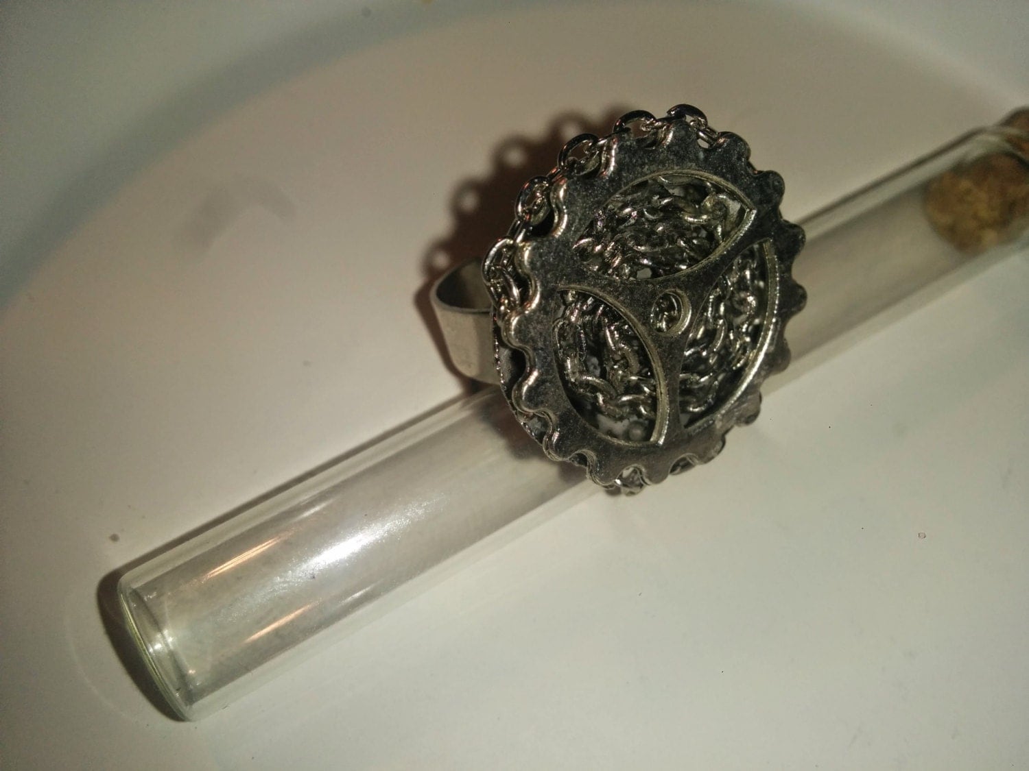 Steampunk Adjustable Ring Silver Cog and Chains