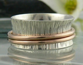 Fidget Ring - 9k Yellow or Rose Gold Spinners - Recycled Sterling Silver Wide Ring Band - Hammered Texture - Made to Order Women's Gift Idea