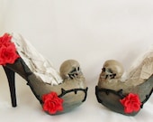Women Grim Reaper Dead Skull Flower Vine Thorn Custom Sculpted Paint Black Red Blue Glitter Shoe Heel Size 3 4 5 6 7 8 High Heels Platform