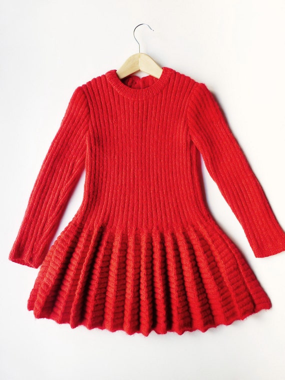 Charming Vintage Red Wool Girl Hand Knitted Dress - Red Knitted Dress ...