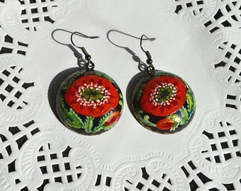 Red poppies earrings tribal Gift idea|for|her boho earrings nature red wedding Red Black Dangling earrings holiday earrings Handmade jewelry