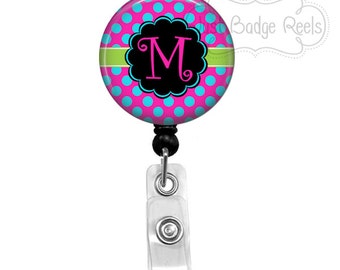 Retractable Badge Holder - Pink and Turquoise Polka Dots Badge Reel - Nurse Badge Holder - Retractable Badge Reel - Initial Badge Reel-0033