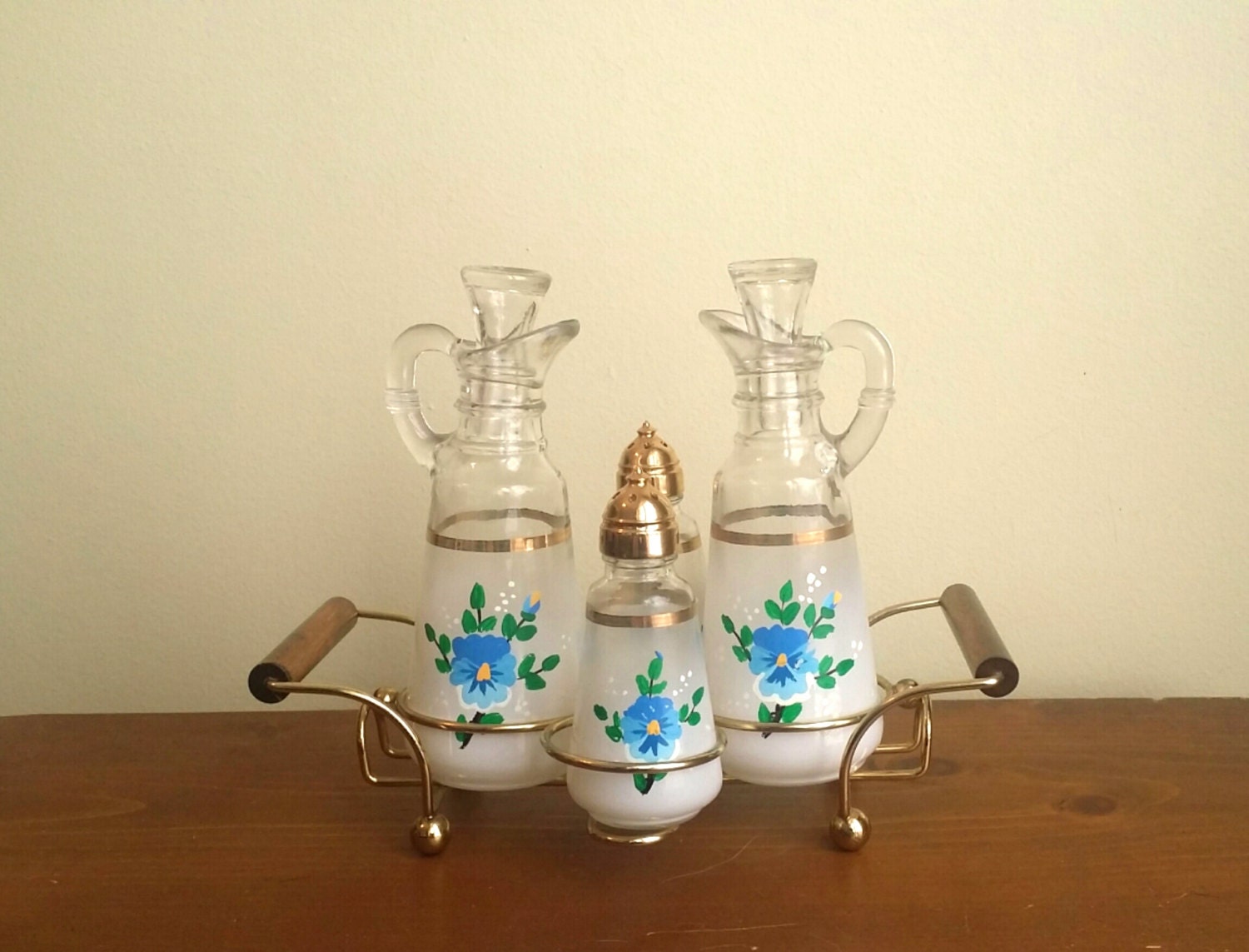 Vintage Cruet Set By Anchor Hocking Salt And Pepper Oil And Vinegar In Caddy Haute Juice 7573