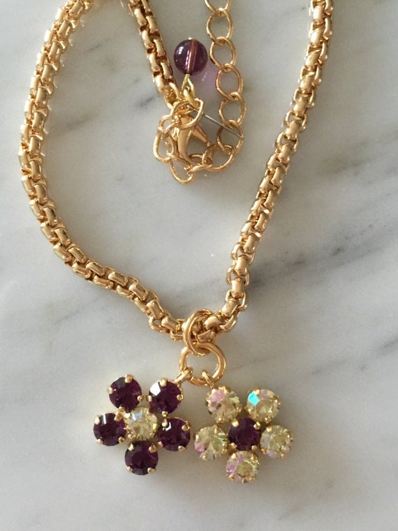 Swarovski Crystal Charm Necklace, Amethyst Crystal Necklace, Swarovski Amethyst Necklace, Luminous Green Necklace