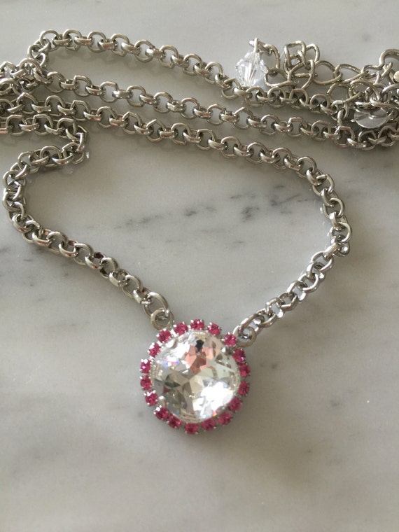 Clear and Pink Crystal Necklace, Swarovski Crystal Necklace, Swarovski Crystal Pendant, Clear and Pink Crystal Pendant