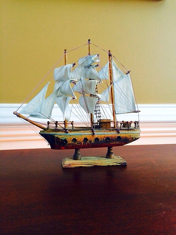 Vintage Small Wooden Ship with Cloth Sails by FelixVintageMarket