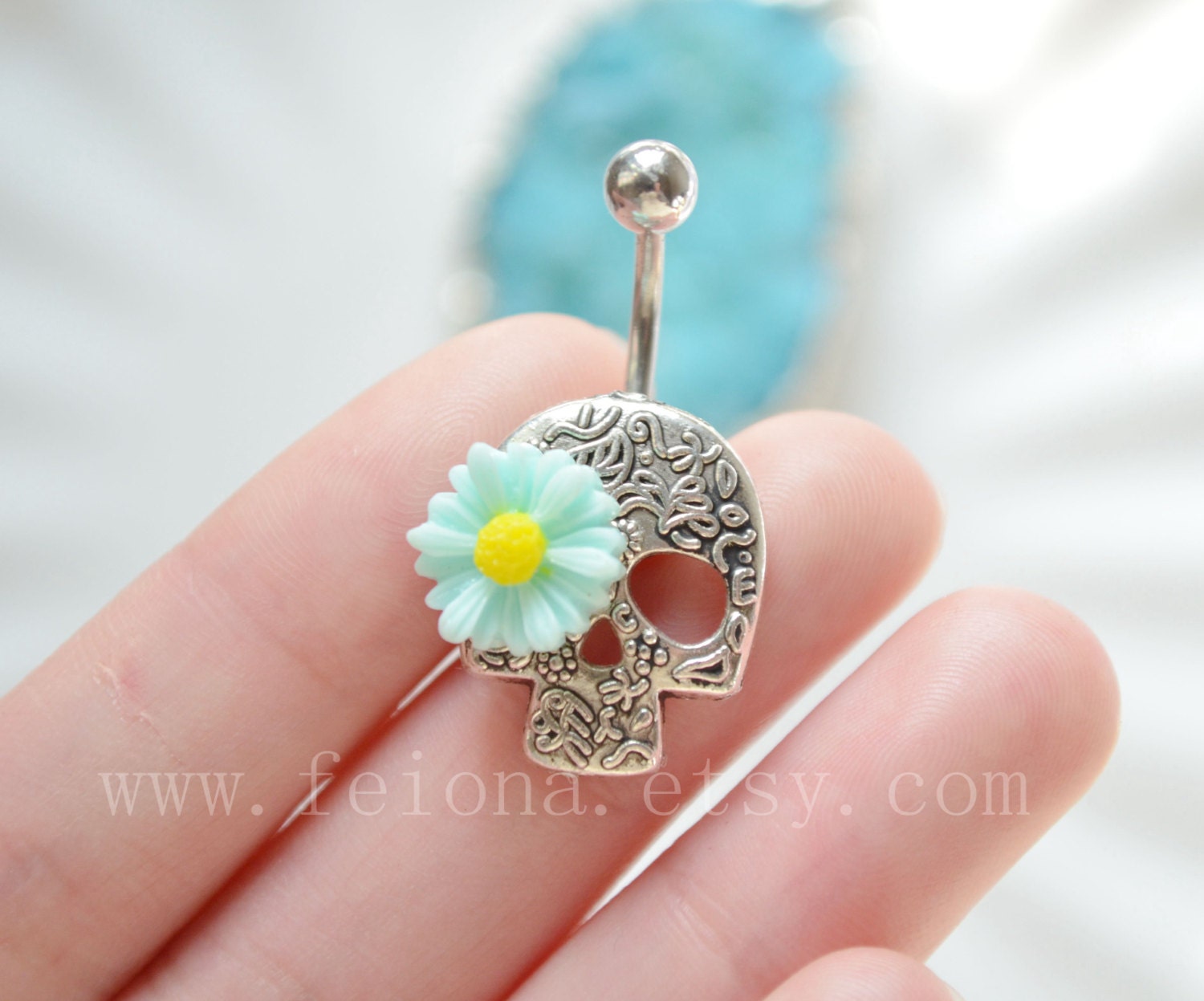 Mint Green Daisy Skeleton Belly Button Ring Flower Skull for Belly Jewelry