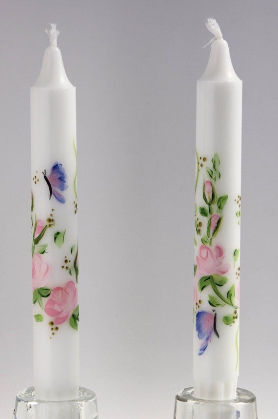 Hand Painted Taper Candles pink roses by PaintedSnowflakes