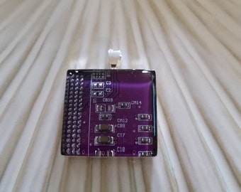 Computer Motherboard Square Necklace in Purple, Circuit Board Necklace, Square Pendant