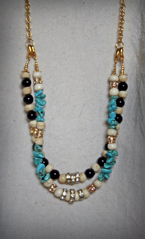 Real Bone Beads Turquoise Chip Beads Rhinestones Black by TatvaArt