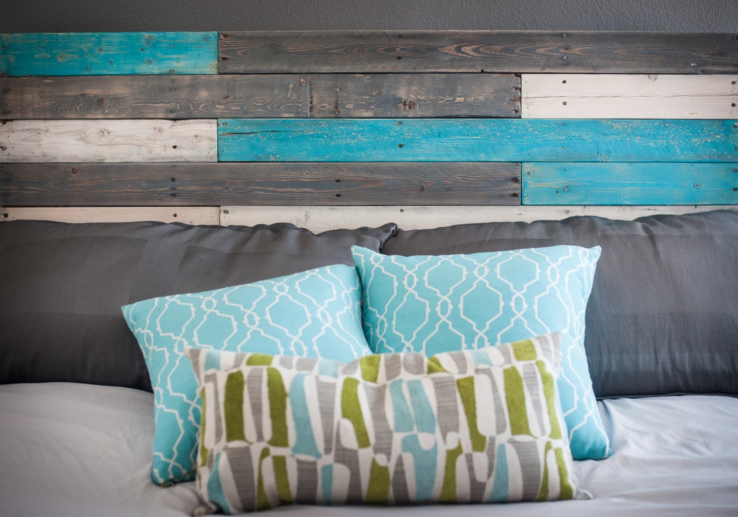Wooden Headboard with Turquoise Accents