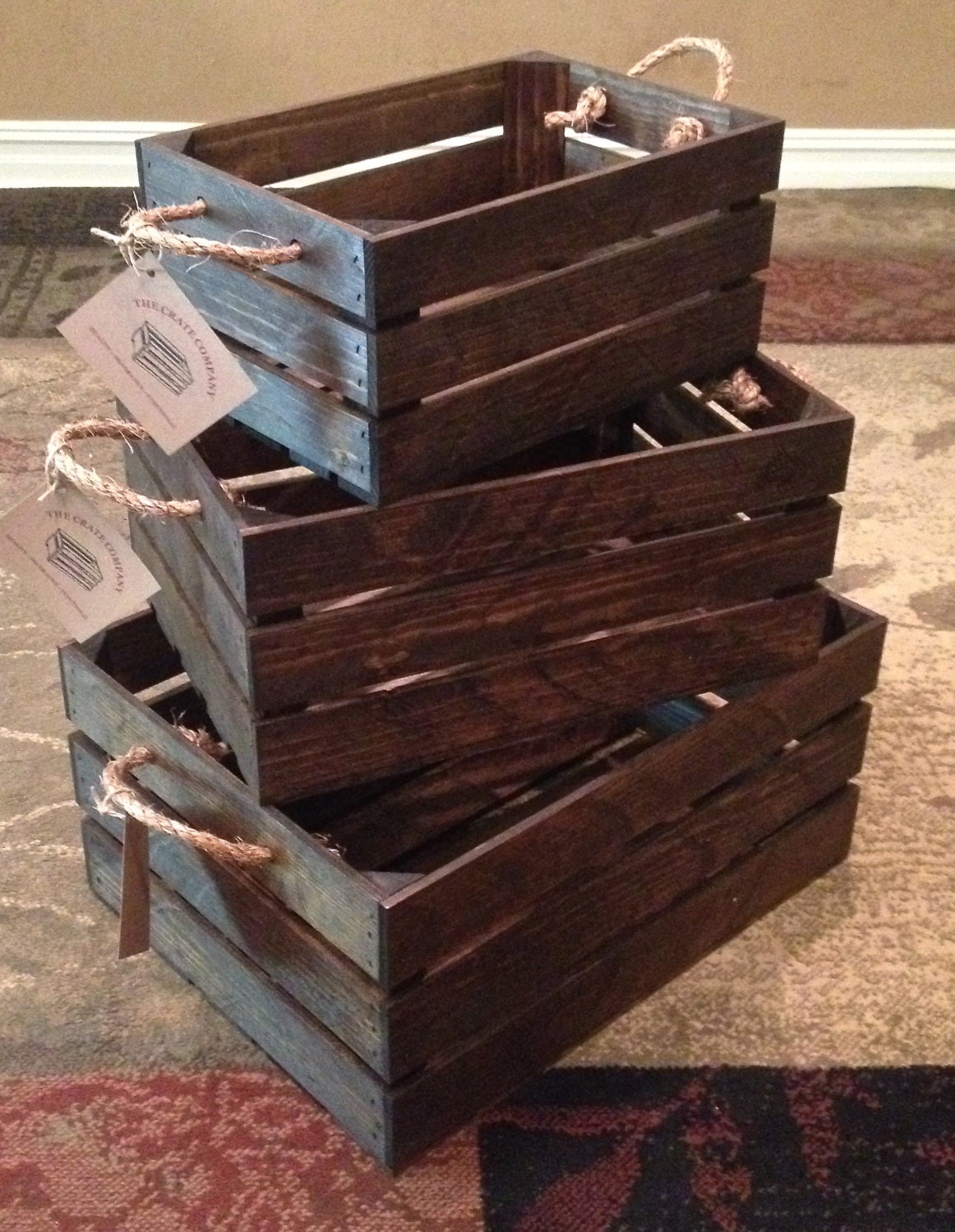 3 Piece Set of Nesting Wood Crates With Rope Handles