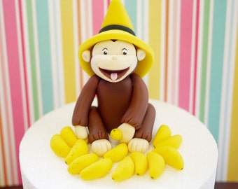 Curious George Cake Topper. Fodant Curious George Cake Topper. Fondant monkey cake topper. Fondant bananas.