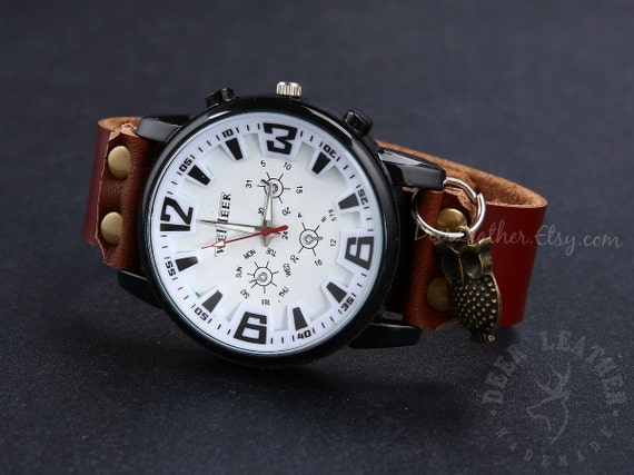 Mens Sports Watches Vintage Owls Charm Genuine Leather Wrist watch ...