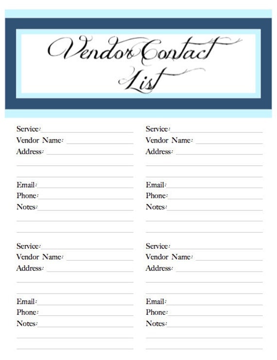 a printable vendor contact list vendorlist creative union design free