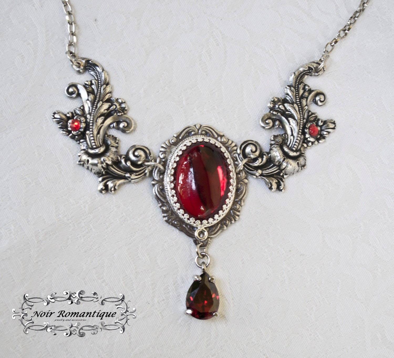 Silver Victorian Ruby Flourish Necklace Silver by NoirRomantique