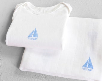 Baby Gift Set - Onesie and Muslin Blanket with Blue Boats