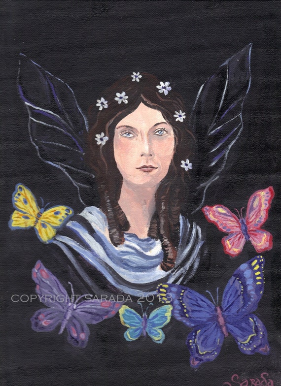 Gothic butterfly flower fairy original art 9 x 12 acrylic painting fantasy witch spring nature wicca pagan woodland magic pink purple easter