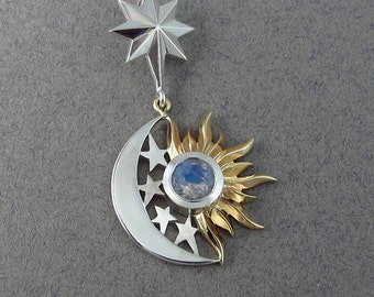 ECLIPSE - SUN and MOON 14k gold and silver pendant with Moonstone