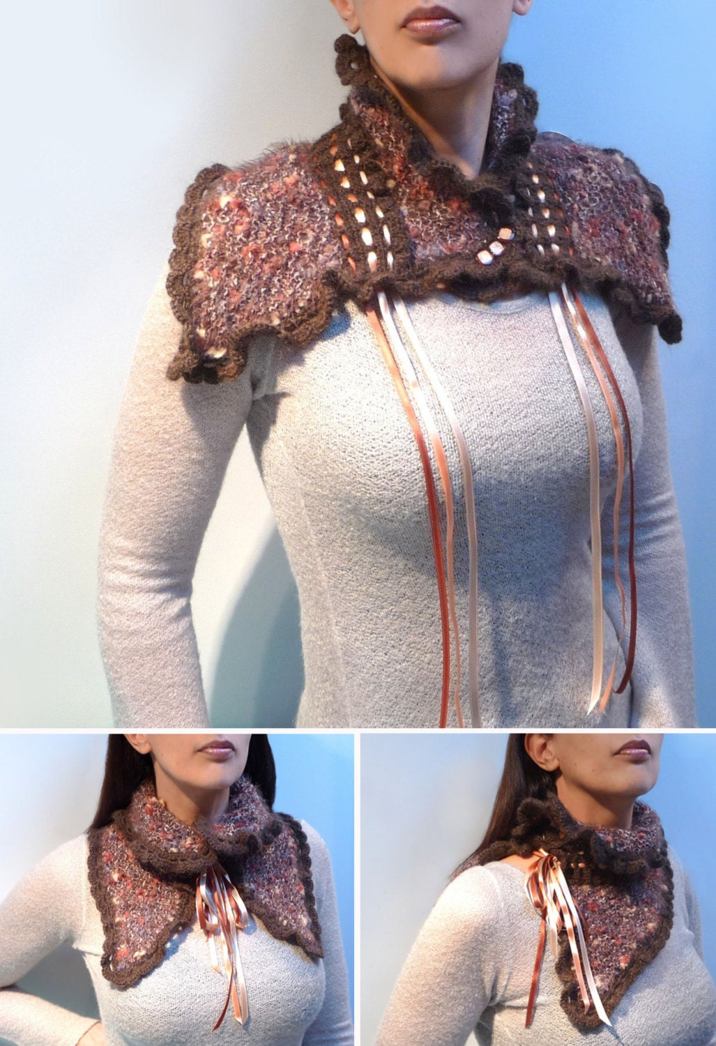 Knit Scarf Cowl Neckwarmer Brow Grey Peach Wool and by ixela