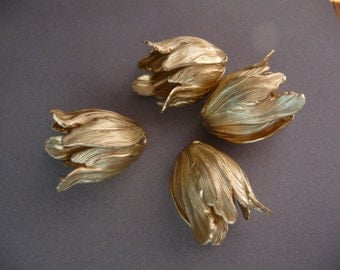 Four Flower Bead Caps - Raw Brass Tulip - Detailed LARGE