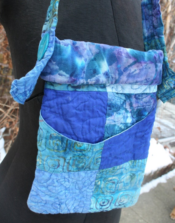 Small blue cotton batik bag purse shoulder pouch tote