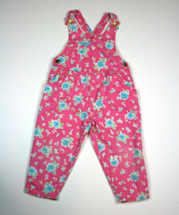 80s/90s Oshkosh pink floral overalls with criss cross back 3T