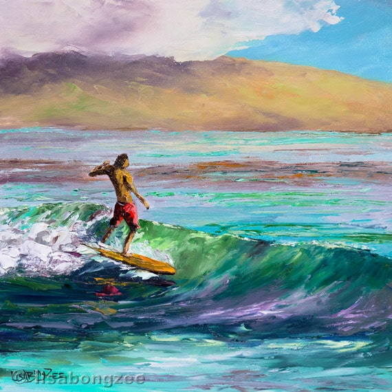 SURF JUNKIE Framed Original Oil Painting Art Surfer by lisabongzee