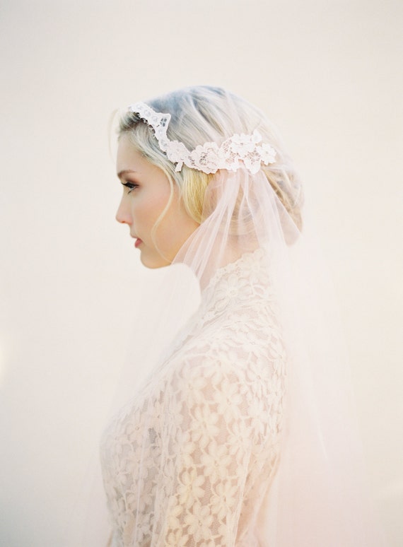 Blush Veil Lace Veil Juliet Cap Pink Veil Wedding Veil