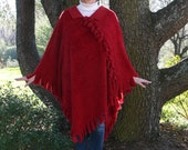 Luxurious Long Ruby Red Poncho in Silky Furry Boucle