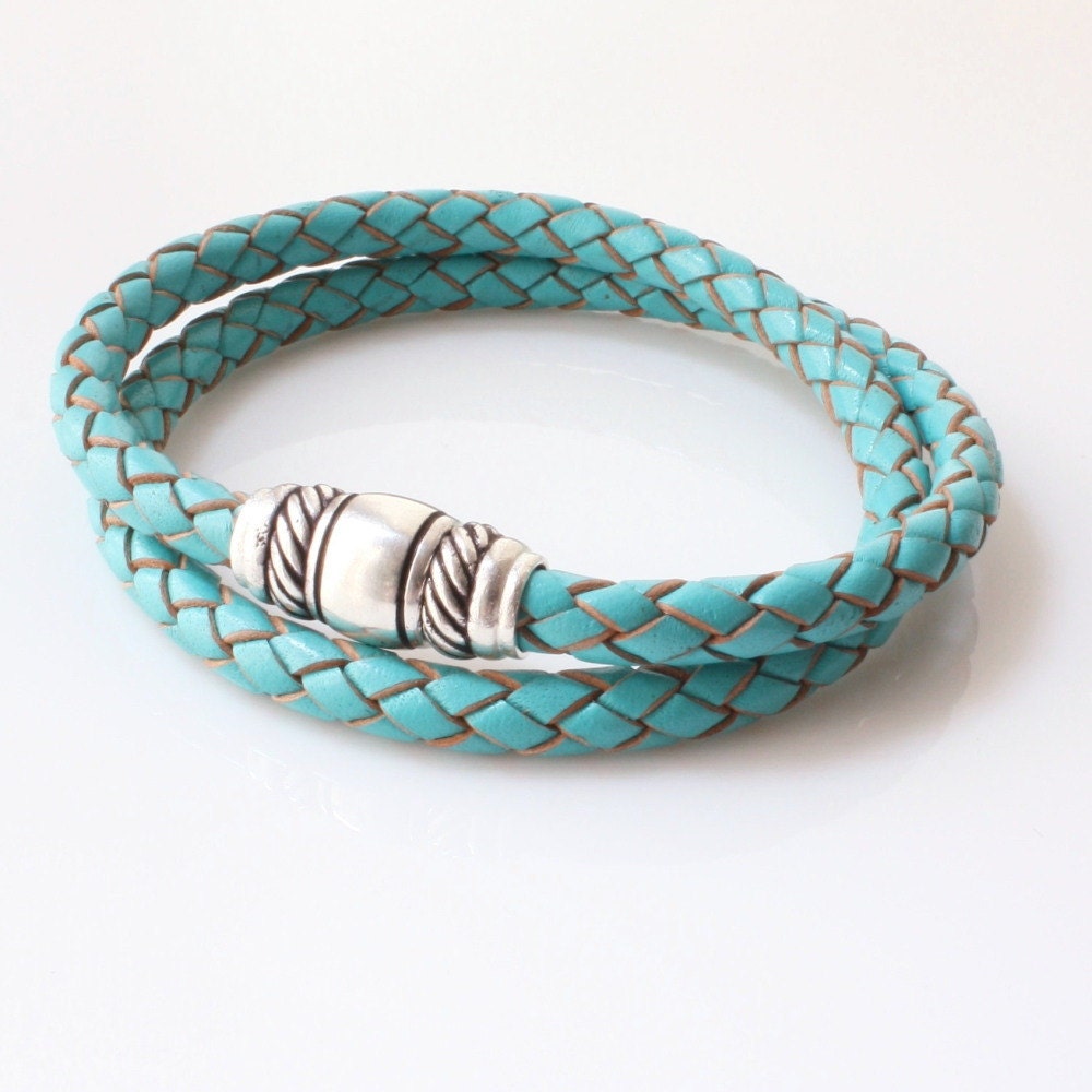 Turquoise Blue Leather Bracelet Braided Leather Wrap