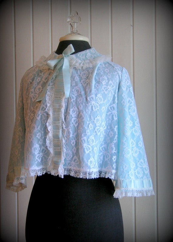 Vintage Blue Lace and Ribbon Bed Jacket by HuntandGatherStyle