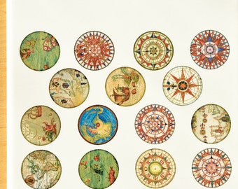 Antique Map Circles Ceramic Decals, Glass Fusing Decals, Enamel Decals