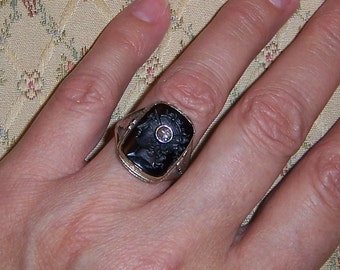 Outstanding Beautiful Art Deco Carnelian Intaglio, 14k White Gold & Rose Cut Diamond Ring