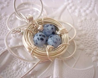 Birds Nest Necklace Blue Eggs Mother Bird Pendant Mom