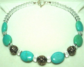 Turquoise Choker Necklace with Sterling Bali Beads Crystal Beads and Sterling Turquoise Choker w Sterling