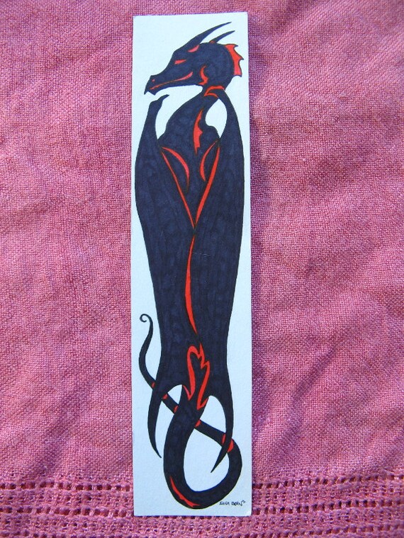 Items similar to BLACK DRAGON BOOKMARK Original Red and Black Ink Drawing, Dragons Bookmarks