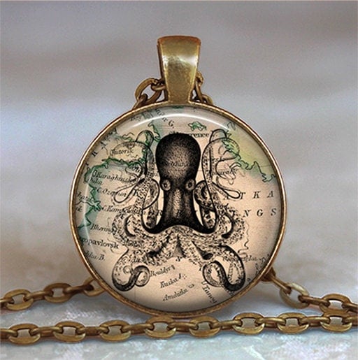 Antique Map & Octopus pendant, Steampunk octopus necklace, Steampunk octopus pendant, Octopus keychain key chain key fob